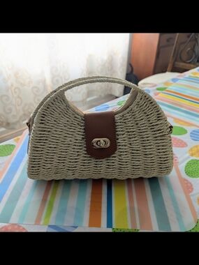 Woven Straw Top-Handle Bag with Brown Leather Trim